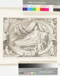 Venus auf ihrer Couch, während Eros seinen Köcher mit Pfeilen füllt