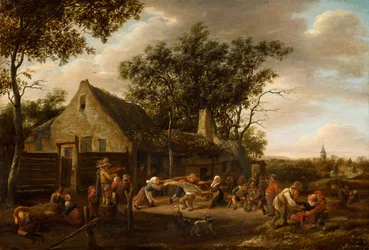 Tanzende Bauern vor einem Gasthaus