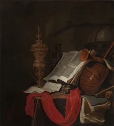 Stillleben mit Musikinstrumenten und Büchern Vanitas