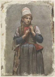 Stehendes Mädchen in Tracht mit Schlittschuhen