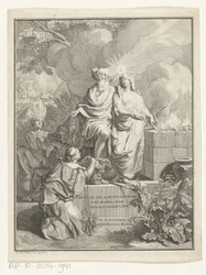 Allegorische Titelseite mit Erzvater Abraham und Wahrheit (Titelpagina für: Arnold Hoogvliet, Abraham de aartsvader, in XII Boeken, 1728)