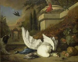 Ein Hund mit einer toten Gans und einem Pfau (Eine Studie von Wild und Früchten)