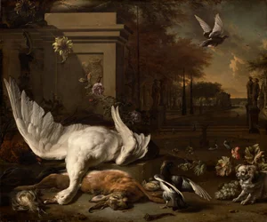 Stillleben mit Schwan und Wild vor einem Landgut, um 1685