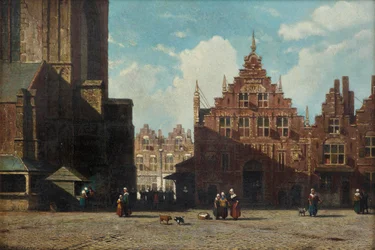 Ein sonnenbeschienener Blick auf den Grote Markt mit der St.-Bavo-Kirche und der Vleeshal, Haarlem
