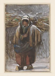 Bäuerin mit Reisigbündel auf dem Rücken in Winterlandschaft
