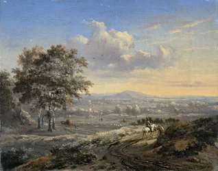 Hügelige Landschaft mit einem Reiter auf einer Landstraße