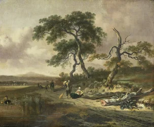Landschaft mit einem Hausierer und einer ruhenden Frau