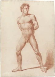 Stehender männlicher Akt, die Arme auf dem Rücken