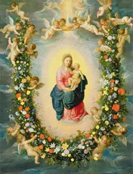 Die Madonna und das Kind in einem Blumengirlande