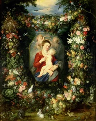 Die Jungfrau und das Kind in einem Kranz aus Früchten und Blumen, ca. 1614-18