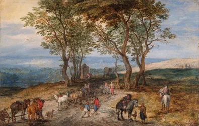 Landschaftsszene mit Figuren: Ein Mann betet an einem Schrein, ca. 1610