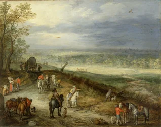 Weite Landschaft mit Reisenden auf einer Landstraße