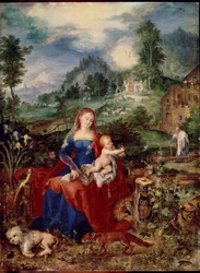 Die Heilige Familie mit Tieren, die in einem Buch blättern, und dem Jesuskind, umgeben von Hund, Fuchs, Vögeln, Krebs, Eule, Papagei, Frosch, Schnecke und Iris