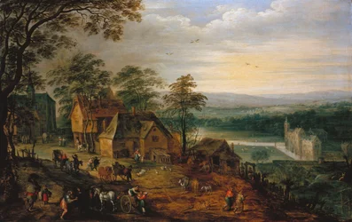 Dorfstraße mit Figuren und Karren, eine Wasserburg im Hintergrund