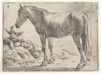 Stehendes Pferd mit ruhendem Reiter Landschaften mit Pferden (Serientitel)