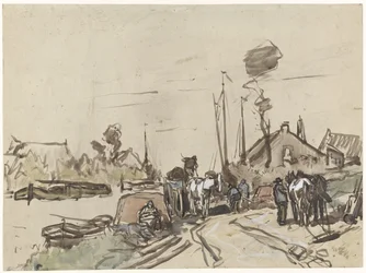 Entladen von Karren an einem Kanal