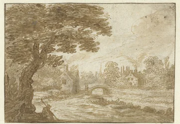 Landschaft mit Häusern und einer kleinen Brücke