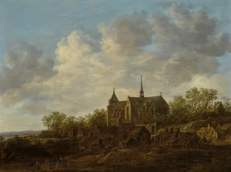 Ansicht eines Dorfes mit einer großen gotischen Kirche