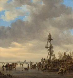 Winterlandschaft mit zugefrorenem See, Schlittschuhläufern und hölzernem Beobachtungsturm