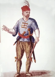 Eine Galerie im 18. Jahrhundert. Aquarellzeichnung und Tinte aus dem Manuskript „Sitten der Venezianer“ von Jan van Grevenbroeck (oder Giovanni Grevembroch (Grevenbroch) (1731-1807)