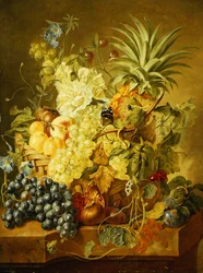 Pflaumen, ein Pfirsich, Trauben, eine Melone, eine Ananas, eine Feige, Johannisbeeren, Kirschen und Blumen in einem Korb sowie Trauben, ein Granatapfel, Pflaumen und eine Feige mit Schmetterlingen auf einem Steinsims