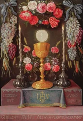 Ein Kelch mit der Eucharistie in einer Kartusche, dekoriert mit Blumen und Früchten, ca. 1664