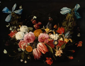 Ein Blumenstrauß aus Rosen, Tulpen, Dahlien und anderen Blumen