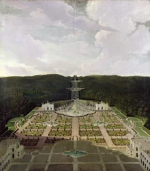 Blick vom Garten und der Grotte am Fuße der Wasserfälle zum Oktogon, nach 1716