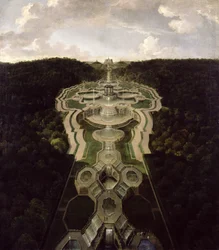 Blick über die Große Plaza mit Tempel zu Beginn des zweiten Drittels der Wasserfälle zum Oktogon, nach 1716