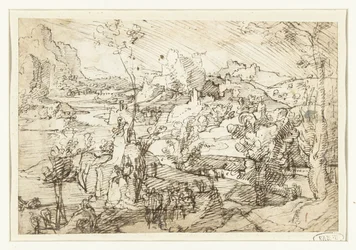 Landschaft mit Felsen, Figuren und einem Segelschiff