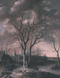 Eine gefrorene Flusslandschaft mit Reisenden auf einem Pfad