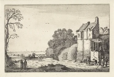 Figuren bei einem Haus und Planwagen auf einem Landweg