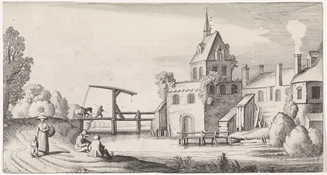 Figuren bei einer Zugbrücke vor einem Dorf mit Kirchturm
