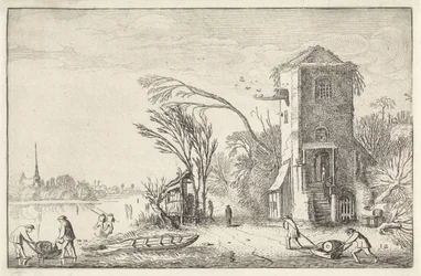 Figuren in einem Winterlandschaft mit einem Turm