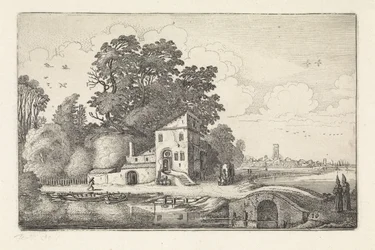 Haus bei einer Steinbrücke in einer Flusslandschaft