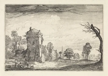 Jäger mit Hunden bei einem Turm in einer Landschaft
