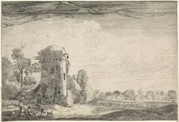 Jäger mit Hunden bei einem Turm in einer Landschaft