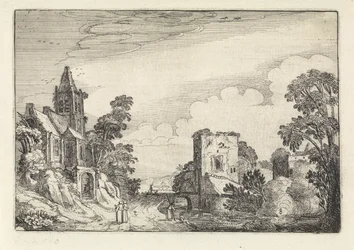 Turm und eine Kirche in einer Landschaft