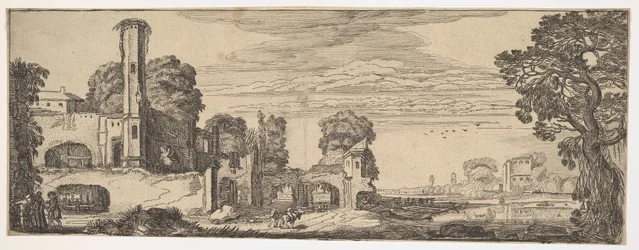 Flusslandschaft mit Ruinen einer Burg aus Landschaften und Ruinen, ca. 1615