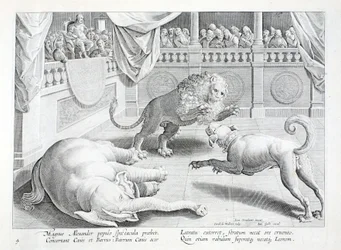 Alexander der Große veranstaltet ein Spektakel, ein Kampf zwischen Löwe, Hund und Elefant, Illustration aus 