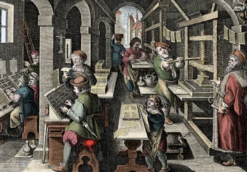 Druckerei, ca. 1600 - Holland, Druck: links verwenden die Charaktere Zeichen, die verschiedenen Stadien der Druckvorbereitung unter der Aufsicht eines Meisterdruckers - Gravur aus „Nova Reperta“ von Giovanni Stradano