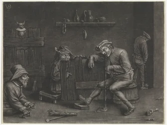 Interieur mit urinierendem Mann, erbrechendem Mann, einem Zwerg und einem Bettler