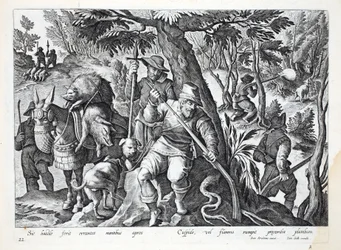 Jäger verwenden Speere oder mit Blei geladene Gewehre, um Bergschweine zu jagen, Illustration aus 