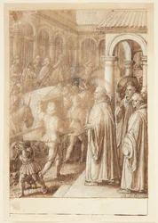 S. Giovanni Alberti Fiorentinos Geschichte. Der Heilige klagt die Bischöfe von Florenz auf dem Platz der Simonie an