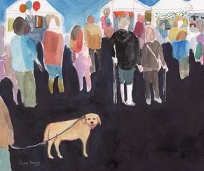 Menschenmenge und gelber Labrador auf dem Straßenfest
