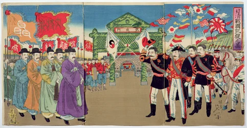 Ein Treffen zwischen japanischen Offizieren und koreanischen Beamten, eine Episode aus dem Chinesisch-Japanischen Krieg, späte 19. Jahrhundert