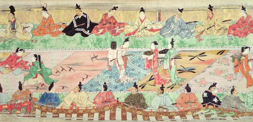Bankettszene aus einer bemalten Schriftrolle der Geschichte von Muramatsu