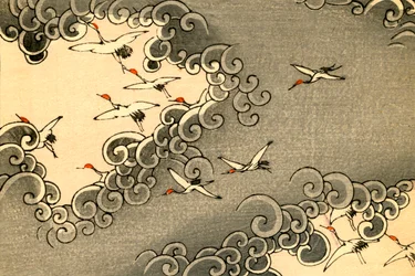 Kraniche fliegen in grauen Wolken