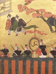Detail von einem vierblättrigen Bildschirm, der zwei Höflinge in Kazaritachi und Soldaten darstellt, Tosa-Schule, Edo-Periode (Farben, Tinte, Gofun und Gold auf Papier)