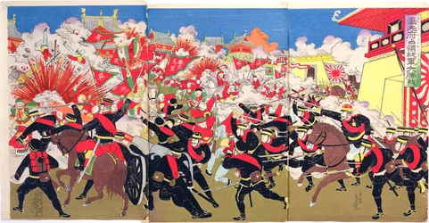 Heftige Kämpfe zwischen japanischen und chinesischen Truppen in einer chinesischen Stadt, eine Episode aus dem Chinesisch-Japanischen Krieg, späte 19. Jahrhundert